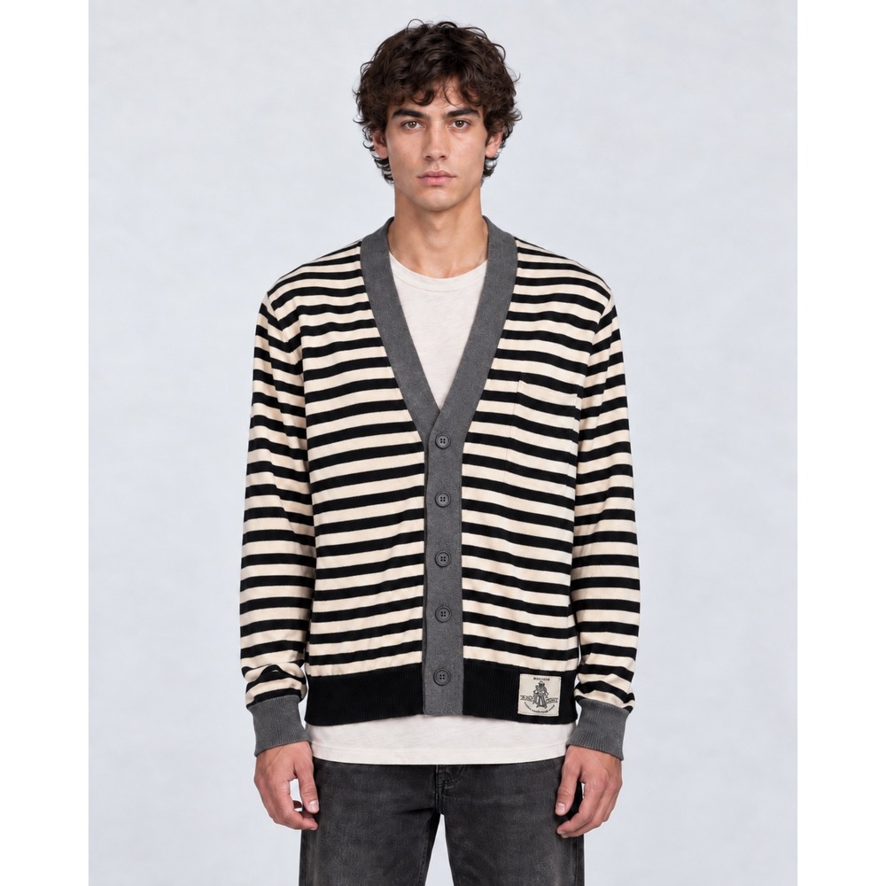 Polo Jeans Co Ralph Lauren Mens Striped Cotton Cardigan Sweater Black Cream M